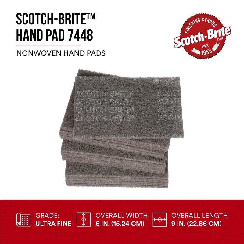 3M Scotch-Brite Ultra Fine Grade 7448 Hand Pad, Pack of 3, 6 in x 9 in Hand Pads, Nonwoven Silicon Carbide, Surface Preparation, Scuffing, and Cleaning, Gray - Image 2